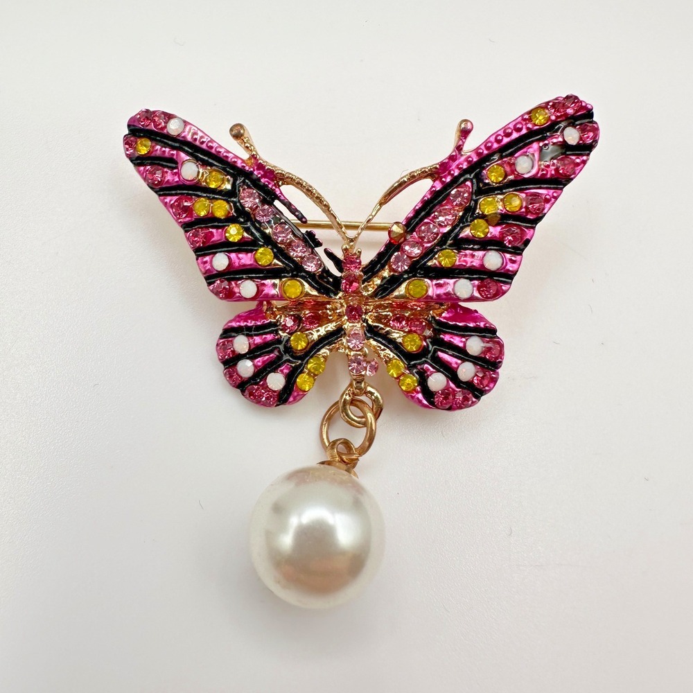 Vintage 80s Pink Butterfly Brooch Faux Pearl Dangle Rhinestone Crystal Jewelry